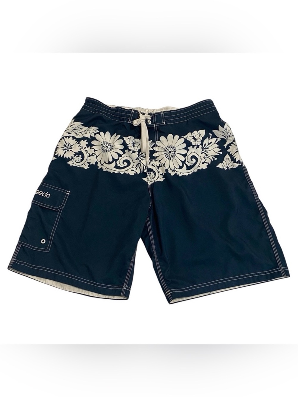 Speedo Navy Blue & White Hawaiian Print Bermuda Surfer Board Shorts
